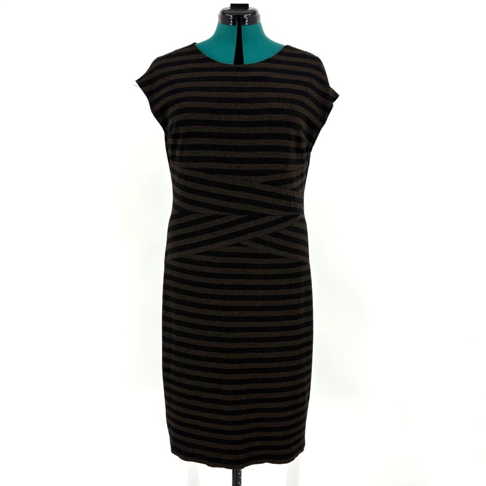 Joseph Ribkoff Black and Brown Striped Criss Cross CapSleeve Midi Dress, 14